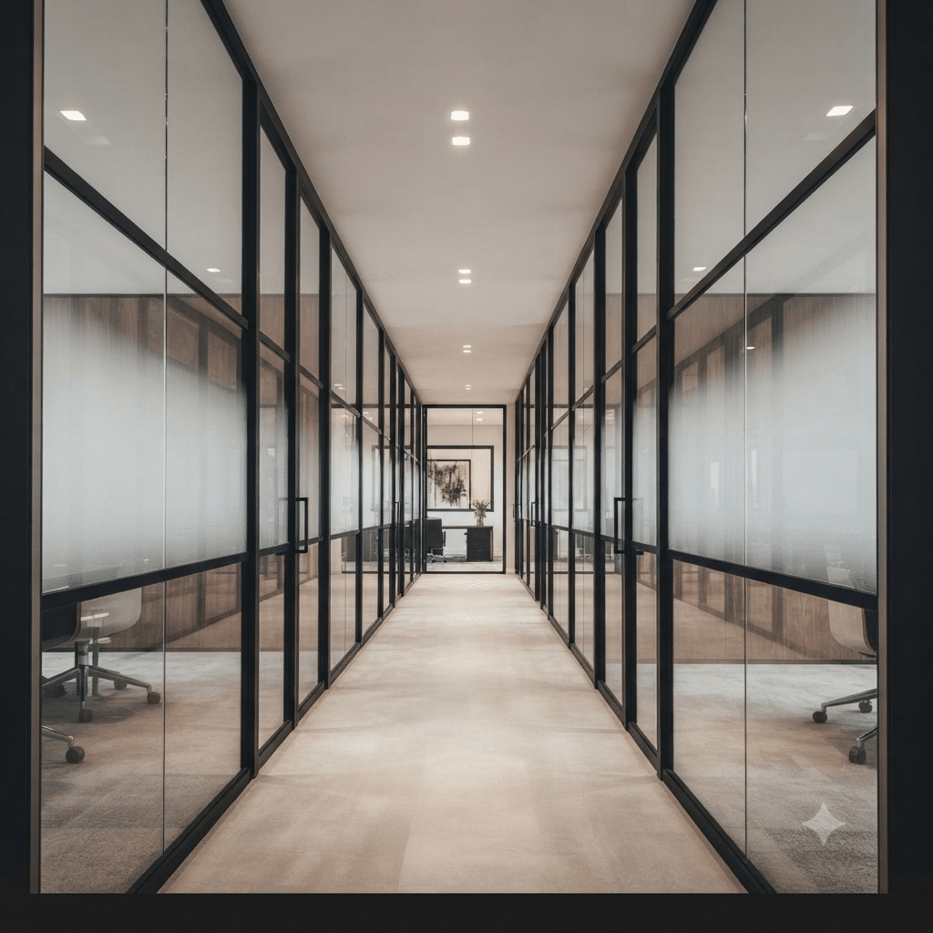 Aménagement de bureau professionnel avec cloisons vitrées et aluminium à Rousset.