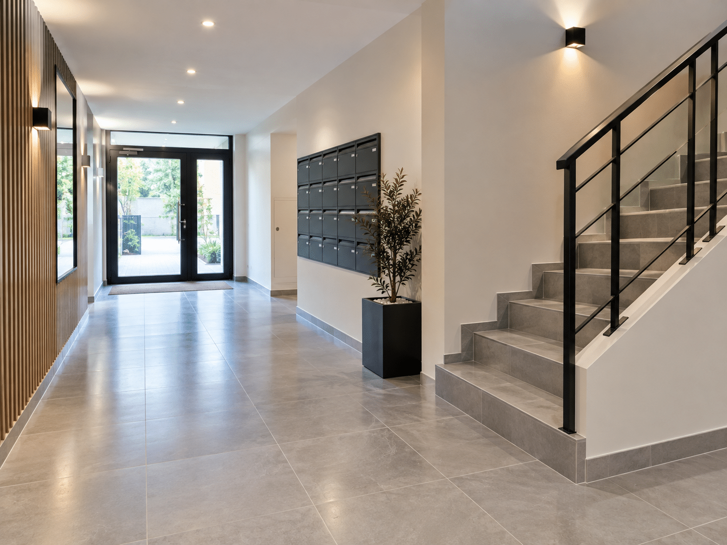 Pose de carrelage grand passage dans un hall d'entrée d'immeuble à Aix-en-Provence