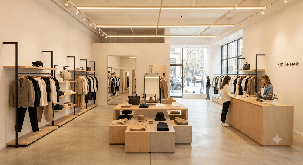 Intérieur d'une boutique de prêt-à-porter moderne rénovée par Bat Prestige 13, avec portants design et éclairage LED à Marseille.