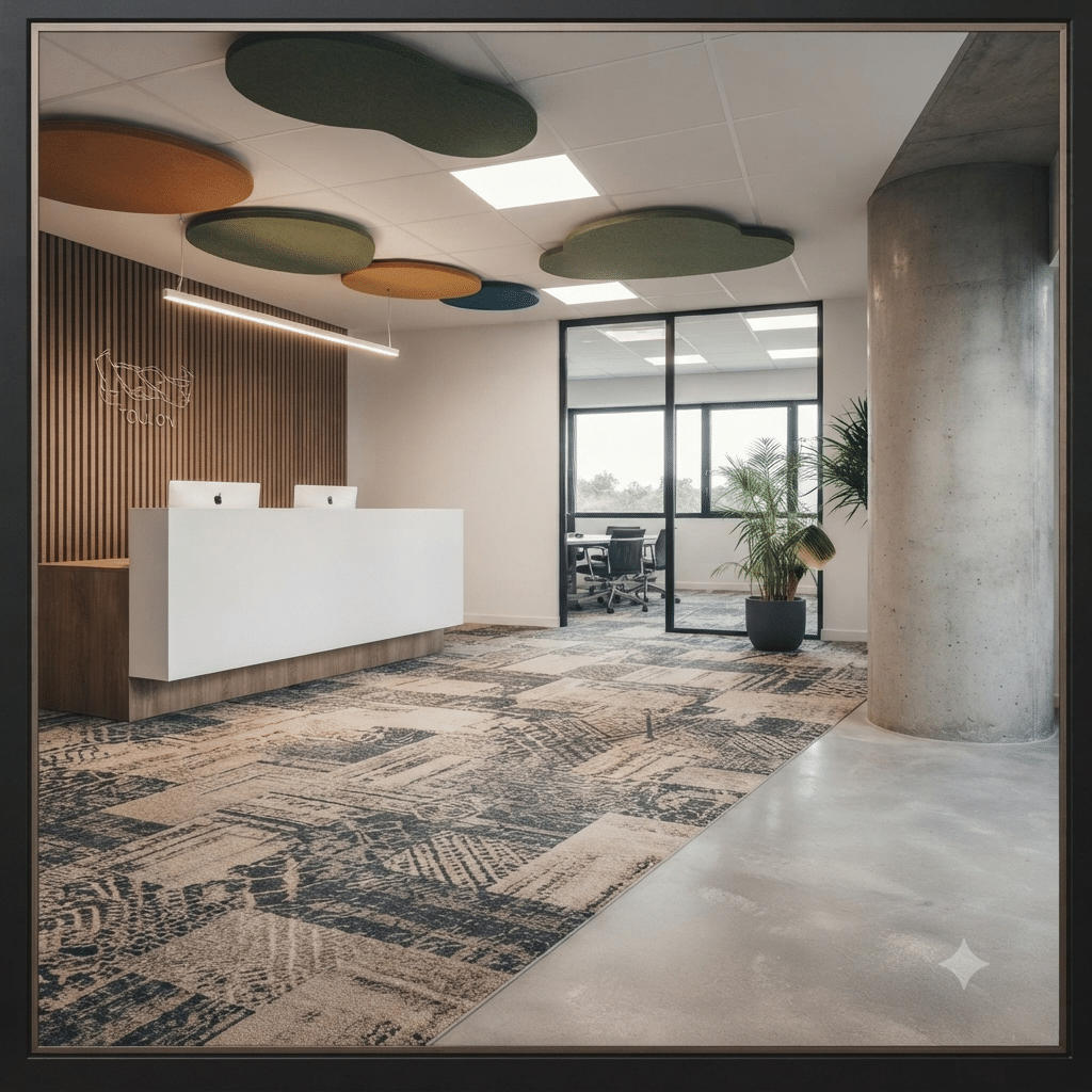 Pose de revêtement de sol professionnel, dalles de moquette et béton lissé, dans un hall d'accueil à Toulon.