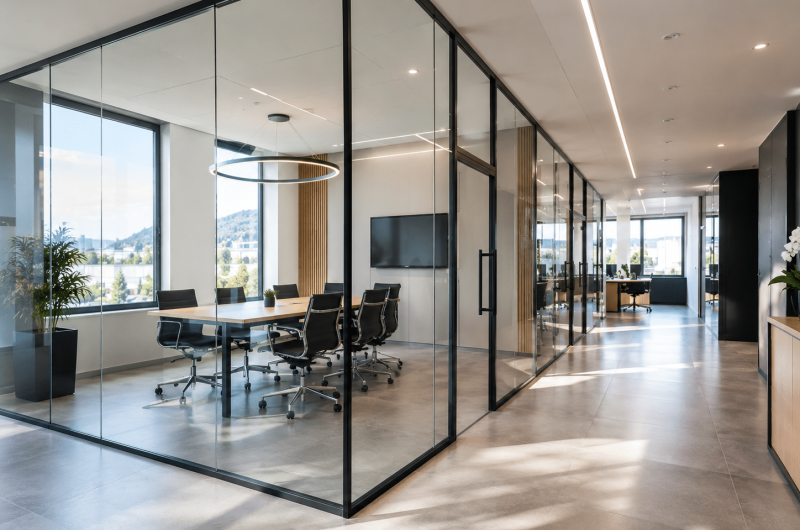 Cloison vitrée toute hauteur avec ossature aluminium anthracite dans une salle de réunion